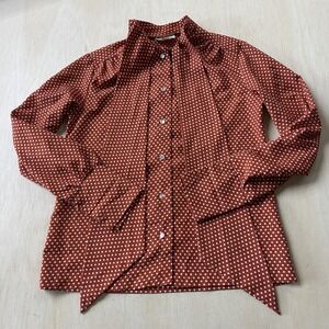 Vintage 70s Lee Mar Blouse Womens 12 Orange Polka Dot Bow Collar Long Sleeve Top